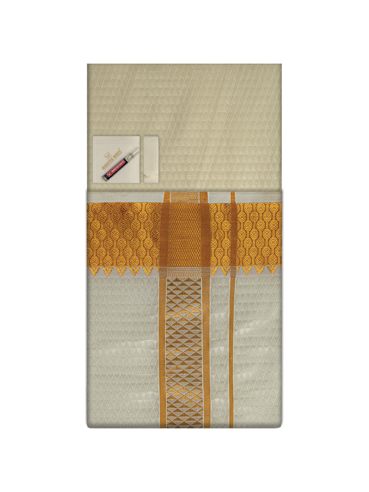 Men's Premium Art Silk Cream Shirt Bit with 2 1/2" Gold Jari Border Dhoti Towel Combo Sieger