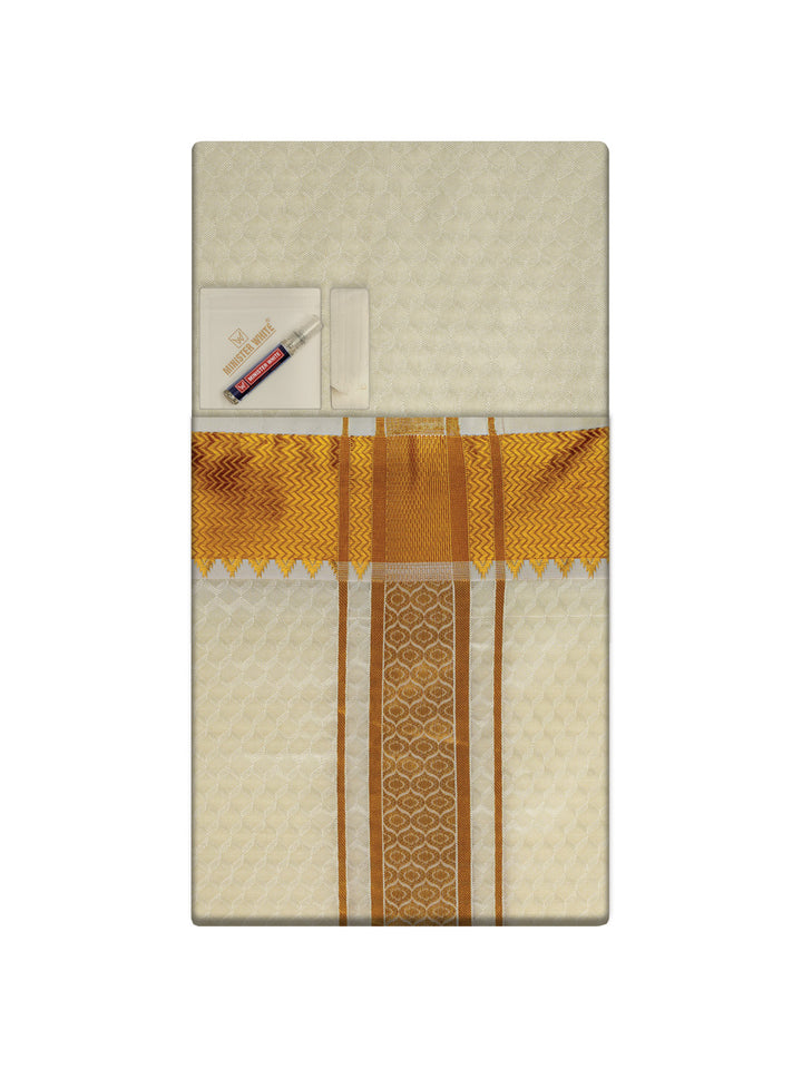 Men's Premium Art Silk Cream Shirt Bit with 2 1/2" Gold Jari Border Dhoti Towel Combo Sieger