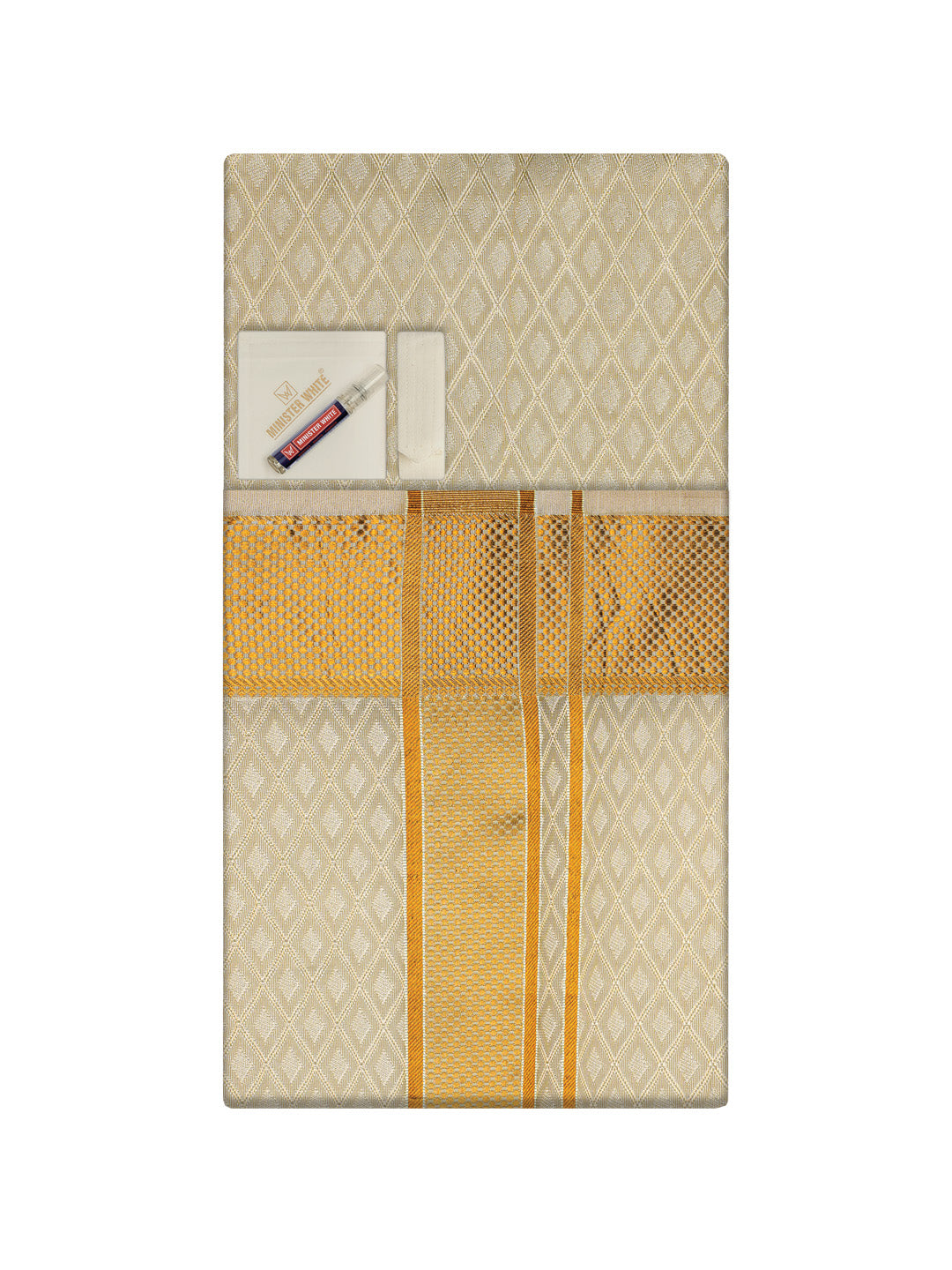 Men's Premium Art Silk Cream Shirt Bit with 2 1/2" Gold Jari Border Dhoti Towel Combo Sweden