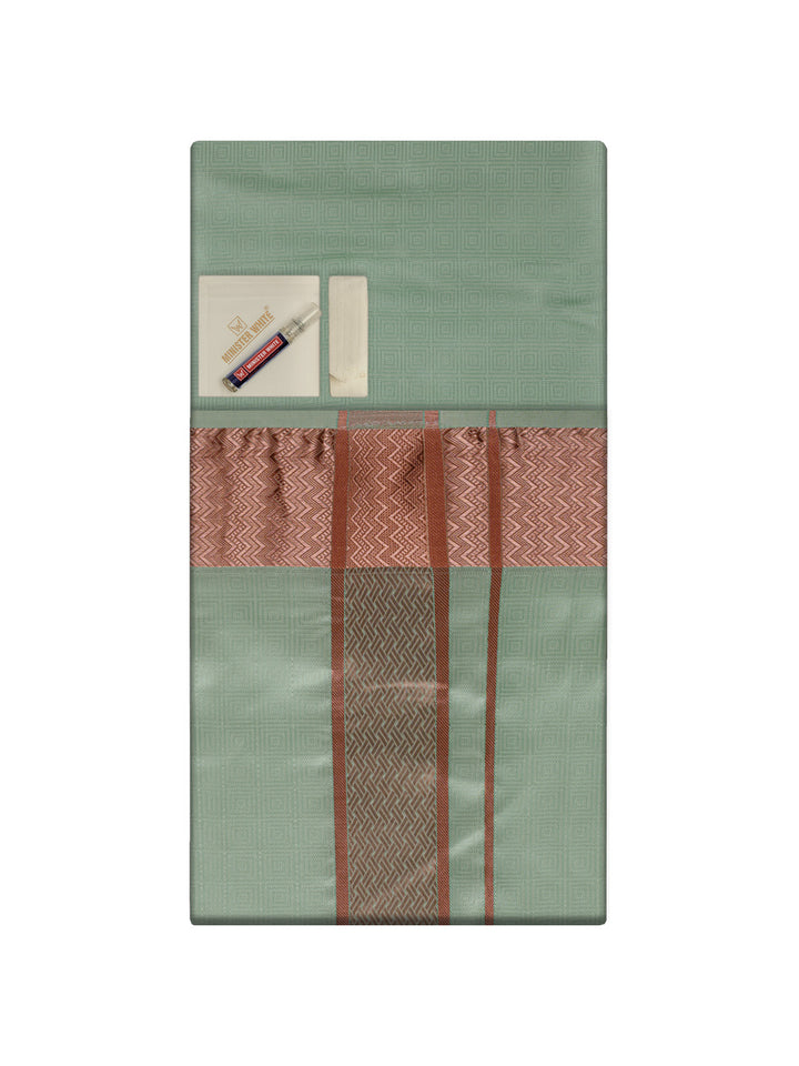 Men's Premium Art Silk Pista Shirt Bit with 2 1/2" Copper Jari Border Dhoti Towel Combo Sieger