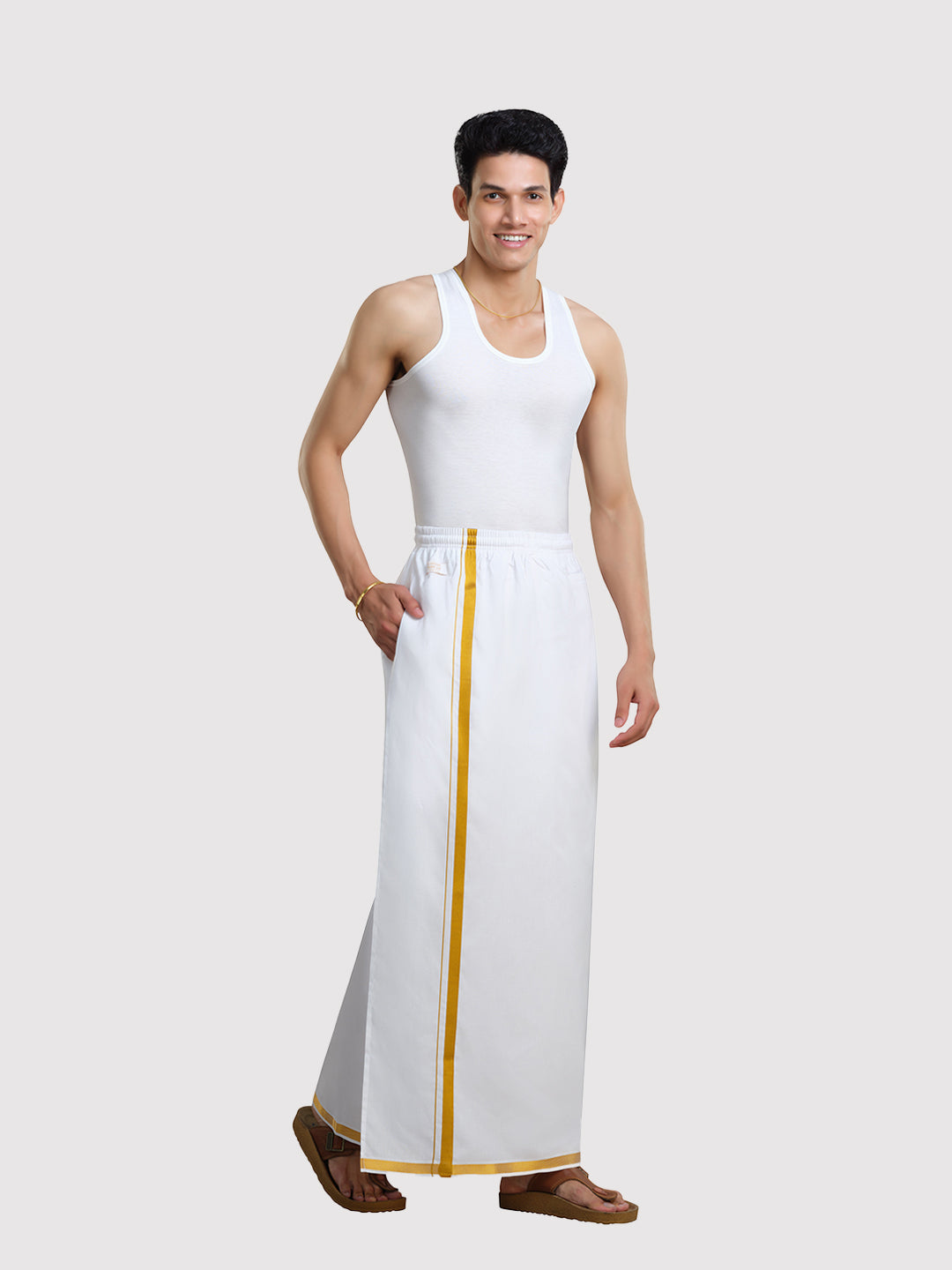 Men's Easy to Wear Flexi 2.0 White Gold Jari Full Elastic Dhoti with Pocket