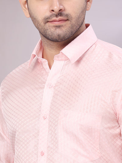 Men's Art Silk Pink Jacquard Full Sleeves Shirt with 2 1/2" Jari Border & Towel Dhoti Combo Nautica