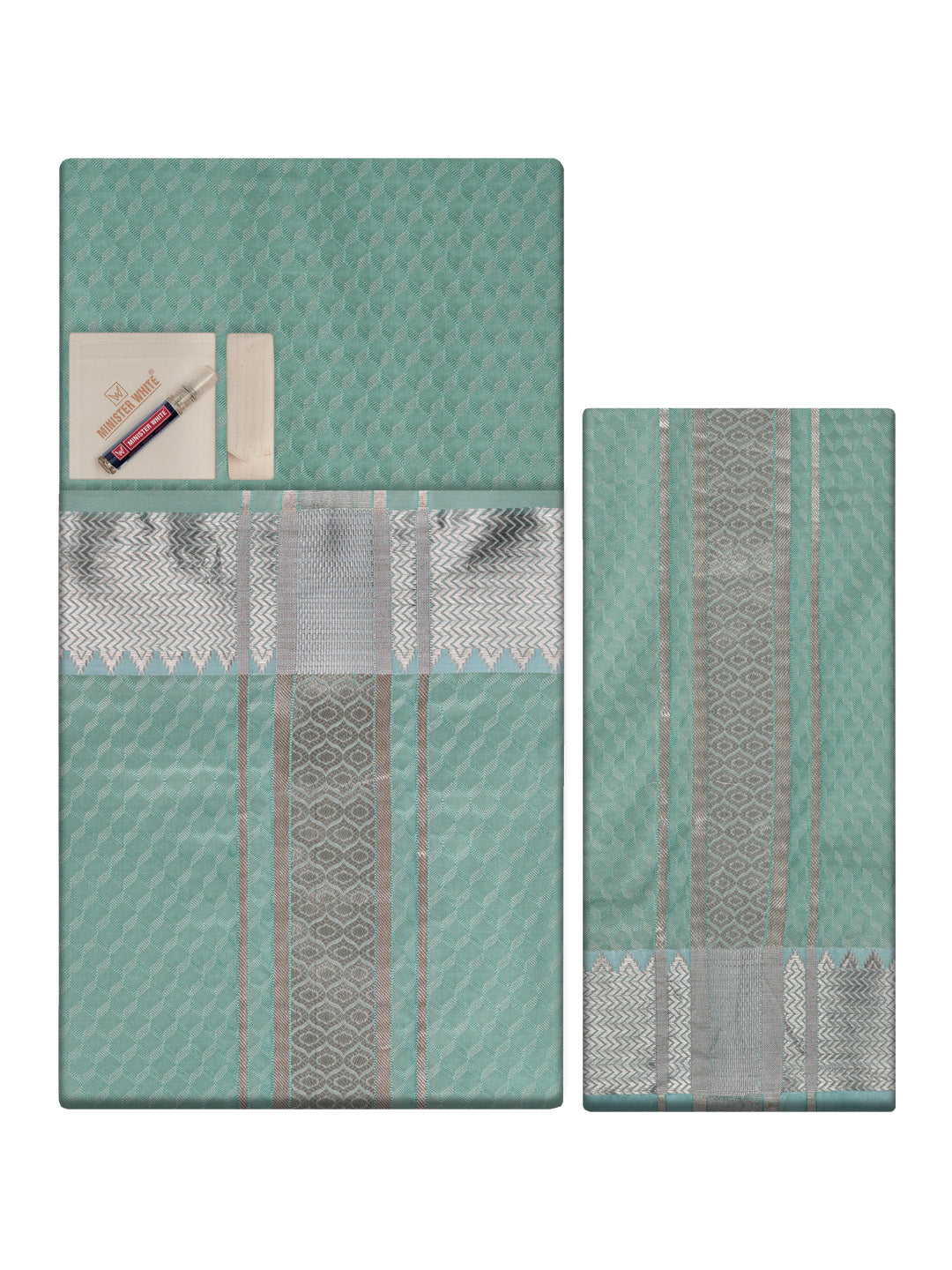 Men's Premium Art Silk Sea Green Shirt Bit with 2 1/2" Copper Jari Border Dhoti Towel Combo Sieger