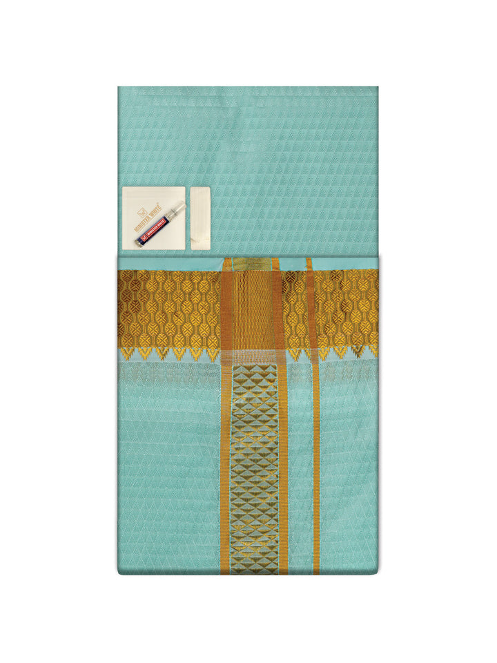 Men's Premium Art Silk Mint Shirt Bit with 2 1/2" Gold Jari Border Dhoti Towel Combo Sieger