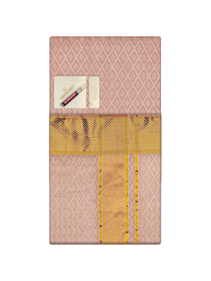 Men's Premium Art Silk Pink Shirt Bit with 2 1/2" Gold Jari Border Dhoti Combo Sweden