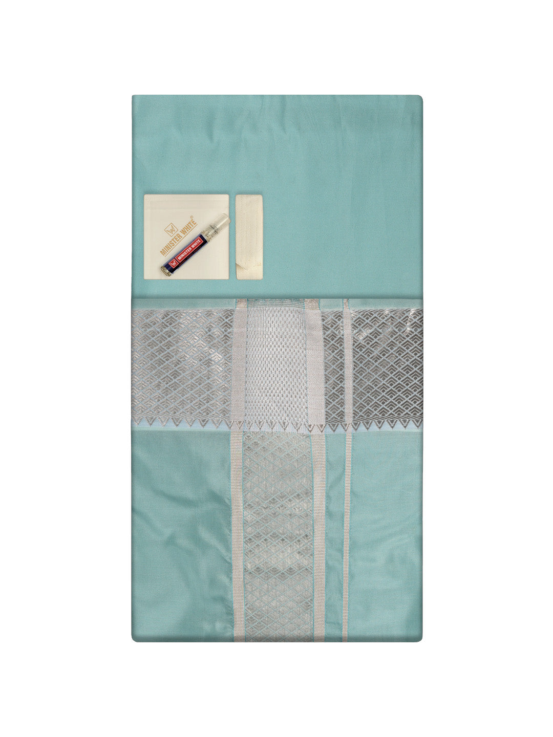 Men's Plain Art Silk Sea Green Full Sleeves Shirt with 3"Jacquard Silver Jari Border Flexi Dhoti Combo Mangal