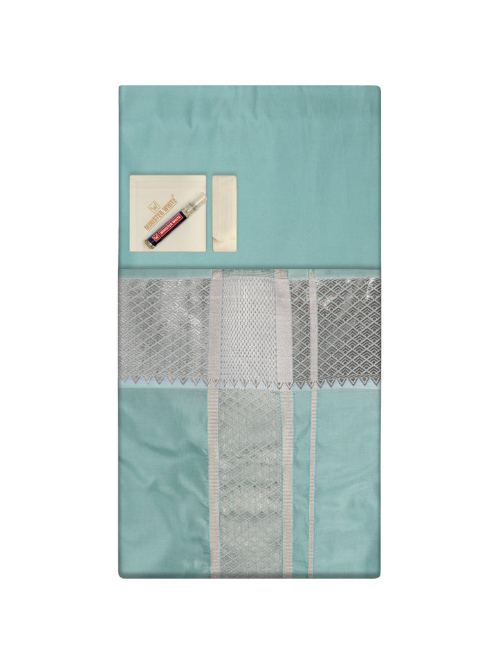 Men's Plain Art Silk Sea Green Full Sleeves Shirt with 3"Jacquard Silver Jari Border Flexi Dhoti Combo Mangal