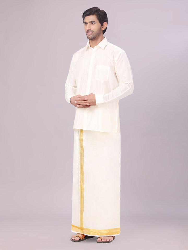 Mens Art Silk Cream Full Sleeves Shirt with 100K Gold Jari Border Dhoti & Towel Combo Blush
