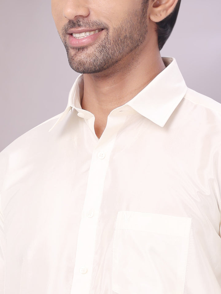 Mens Art Silk Cream Full Sleeves Shirt with 70K Gold Jari Border Dhoti & Towel Combo Blush