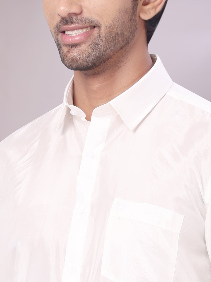 Mens Art Silk Half White Full Sleeves Shirt with Sliver Jari Border Flexi Dhoti & Towel Combo Blush