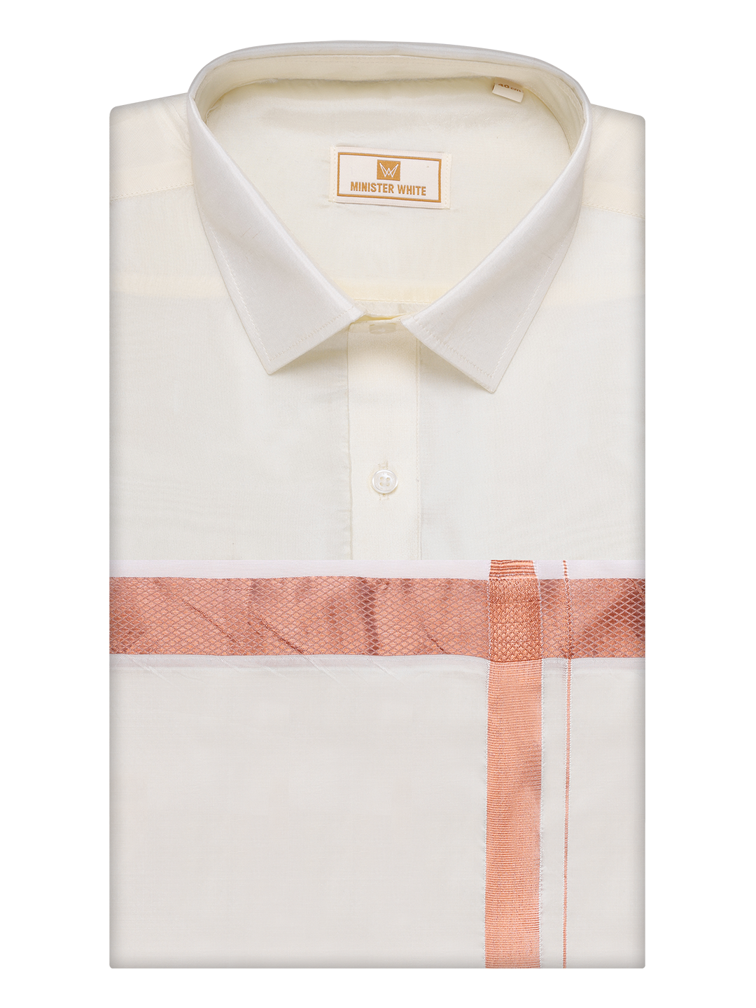 Mens Art Silk Cream Full Sleeves Shirt with Copper Jari Border Dhoti Combo Finesse