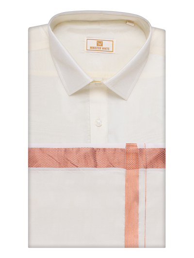 Mens Art Silk Cream Full Sleeves Shirt with Copper Jari Border Dhoti Combo Finesse