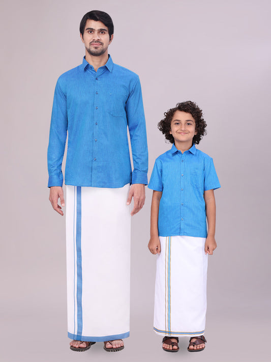 Father & Son Blue Color Cotton Shirt with Matching Border Dhoti Combo