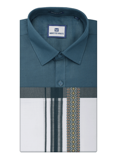 Men's Cotton Dark Green Matching Shirt with Fancy Printed Border Dhoti Combo Luster Trend