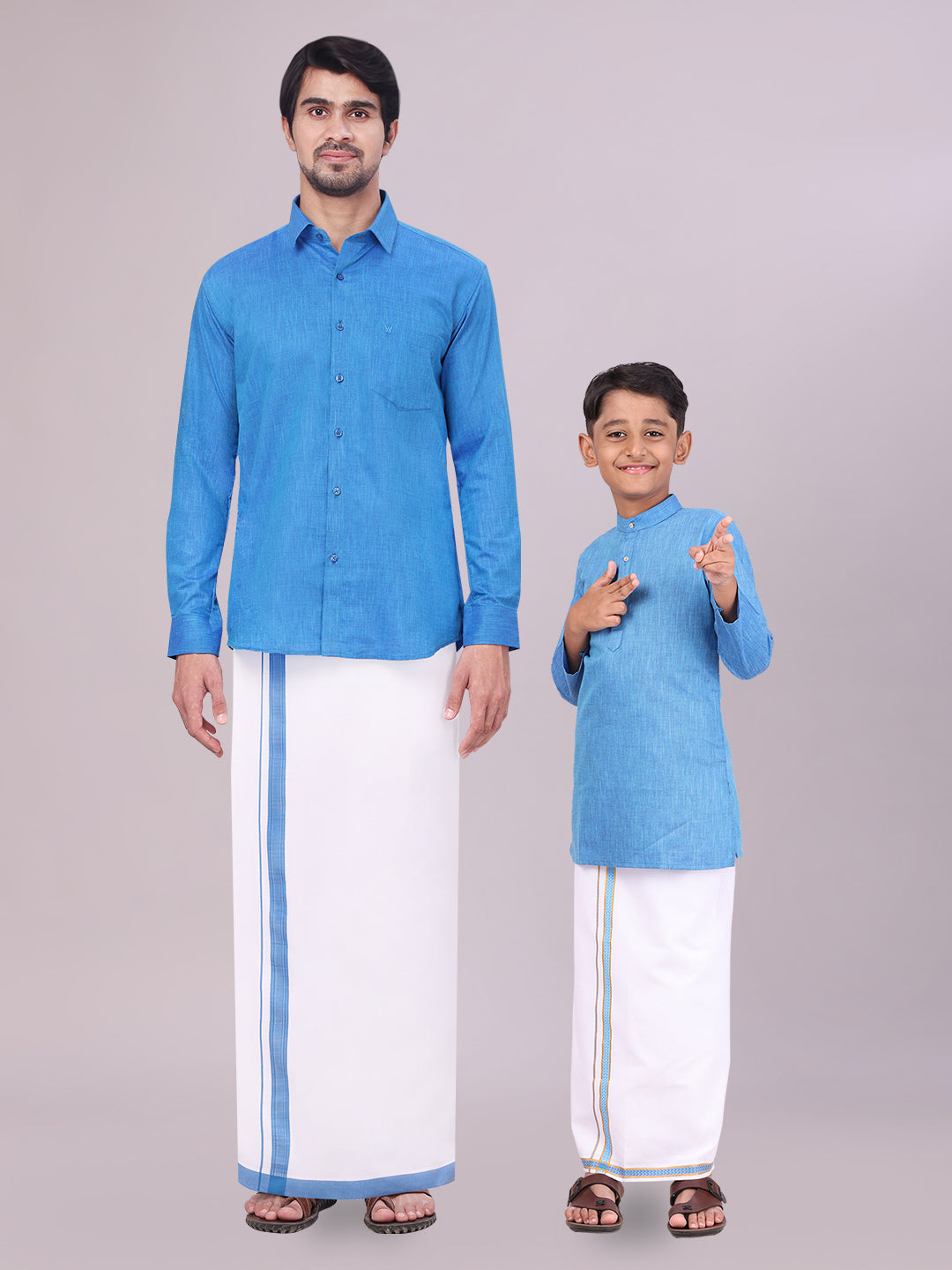 Father & Son Blue Men Shirt Dhoti Set with Kids Kurta Dhoti Set Combo