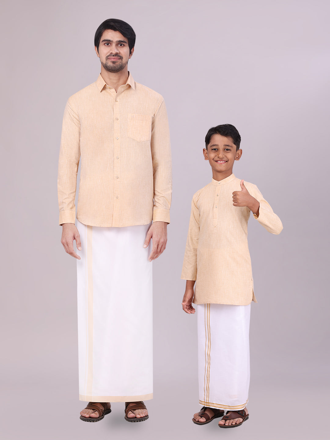 Father & Son Light Sandal  Men Shirt Dhoti Set with Kids Kurta Dhoti Set Combo