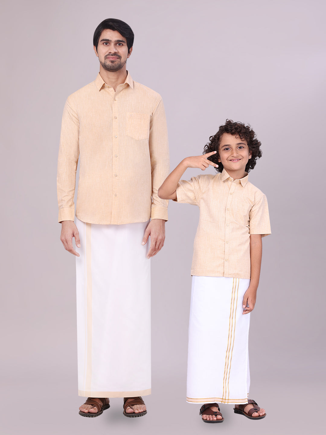 Father & Son Sandal Colour Cotton Shirt with Matching Border Dhoti Combo