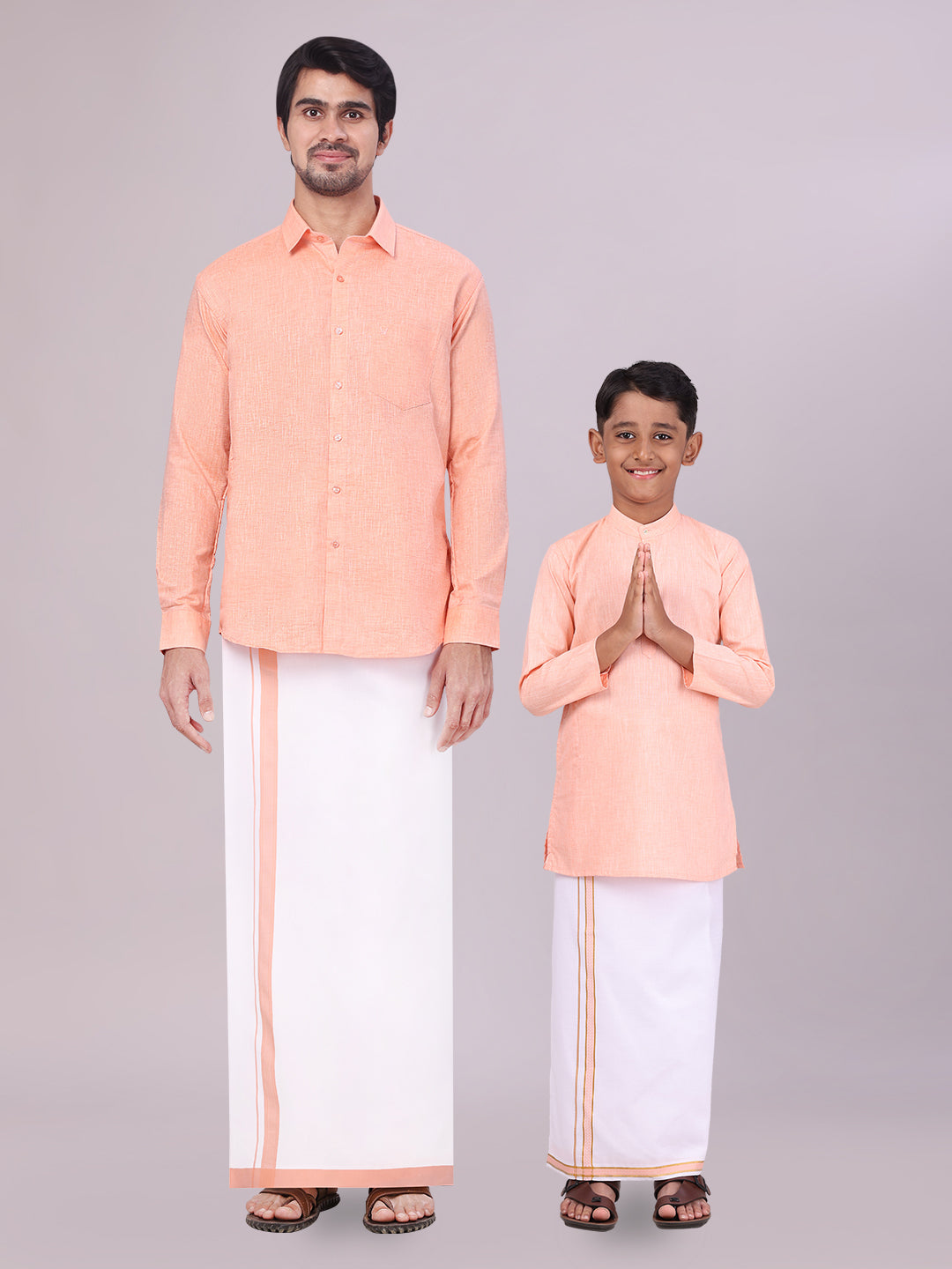 Father & Son Peach Men Shirt Dhoti Set with Kids Kurta Dhoti Set Combo