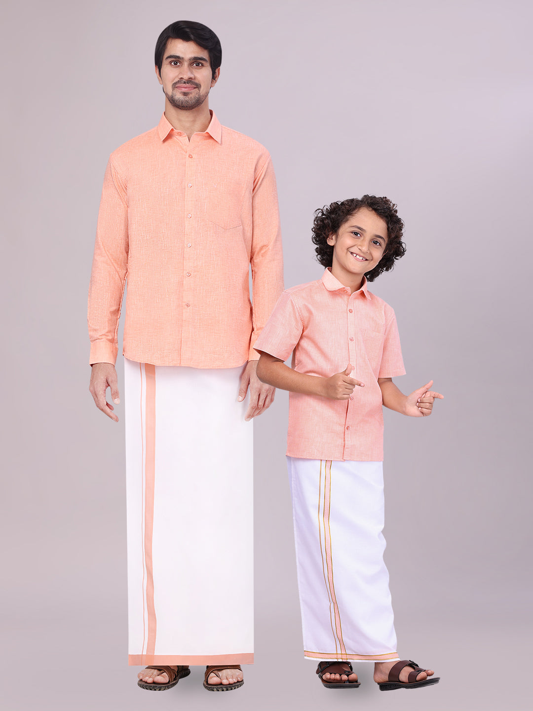 Father & Son Peach Colour Cotton Shirt with Matching Border Dhoti Combo