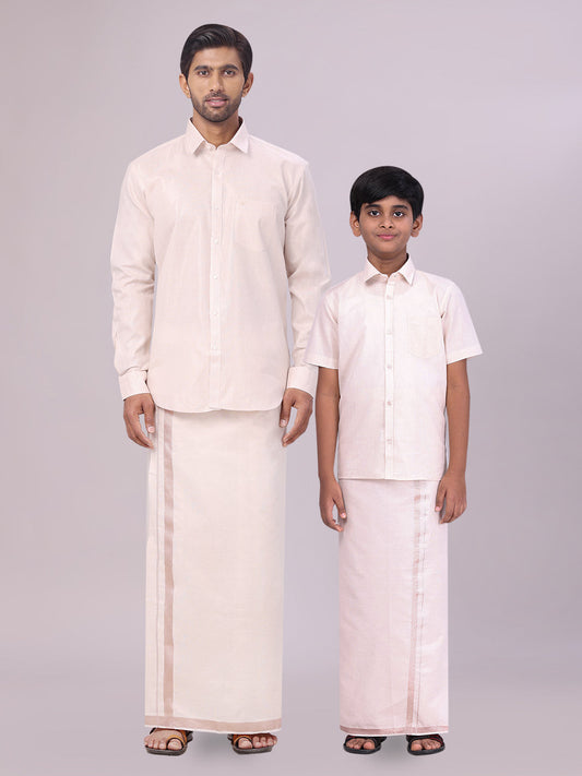 Father & Son Almond Color Tissue Shirt with Jari Dhoti Combo