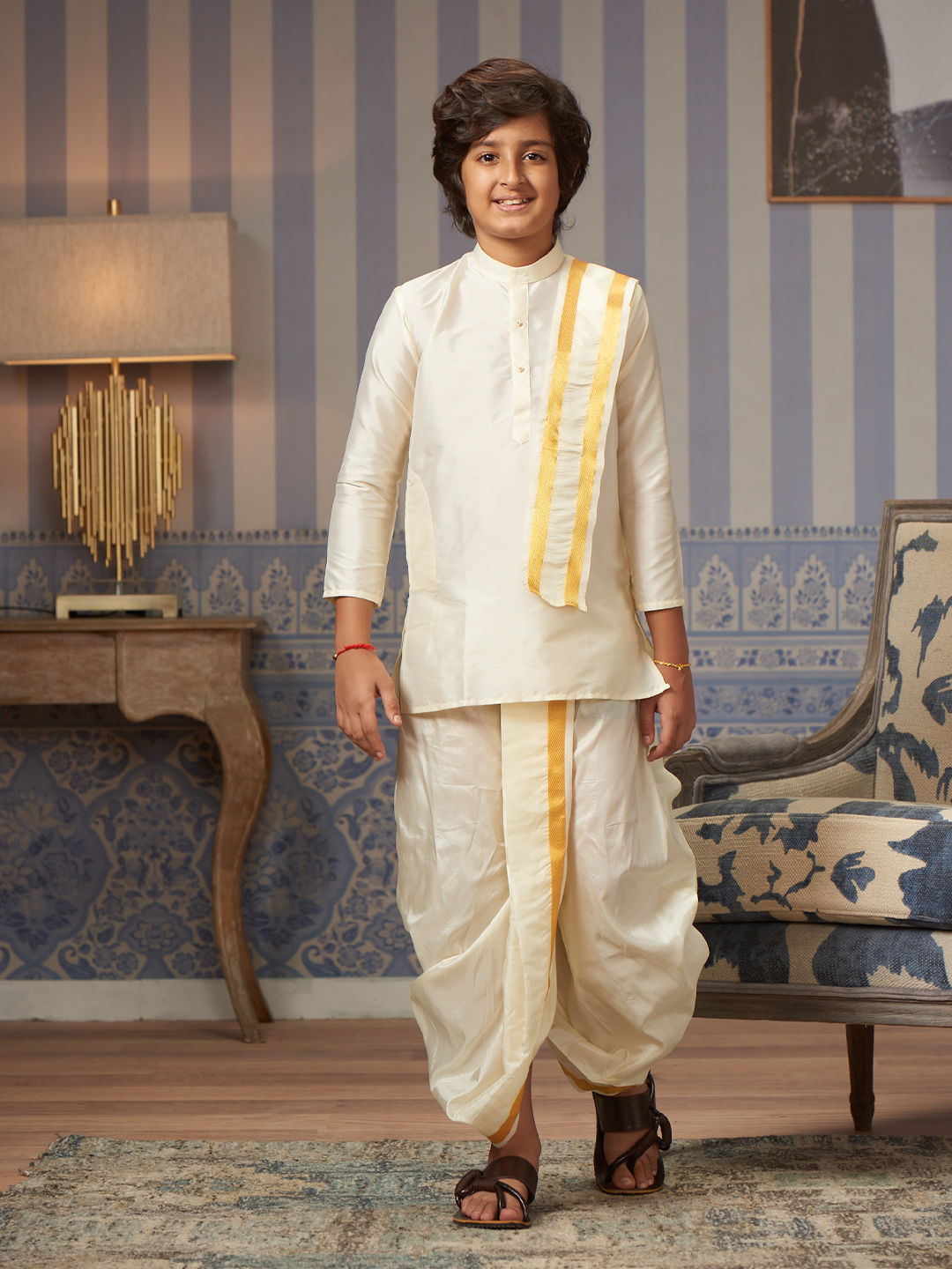 Boys Art Silk Cream Kurta Readymade Panchakacham Towel Combo with Gold Jari Border Azure by Minister White