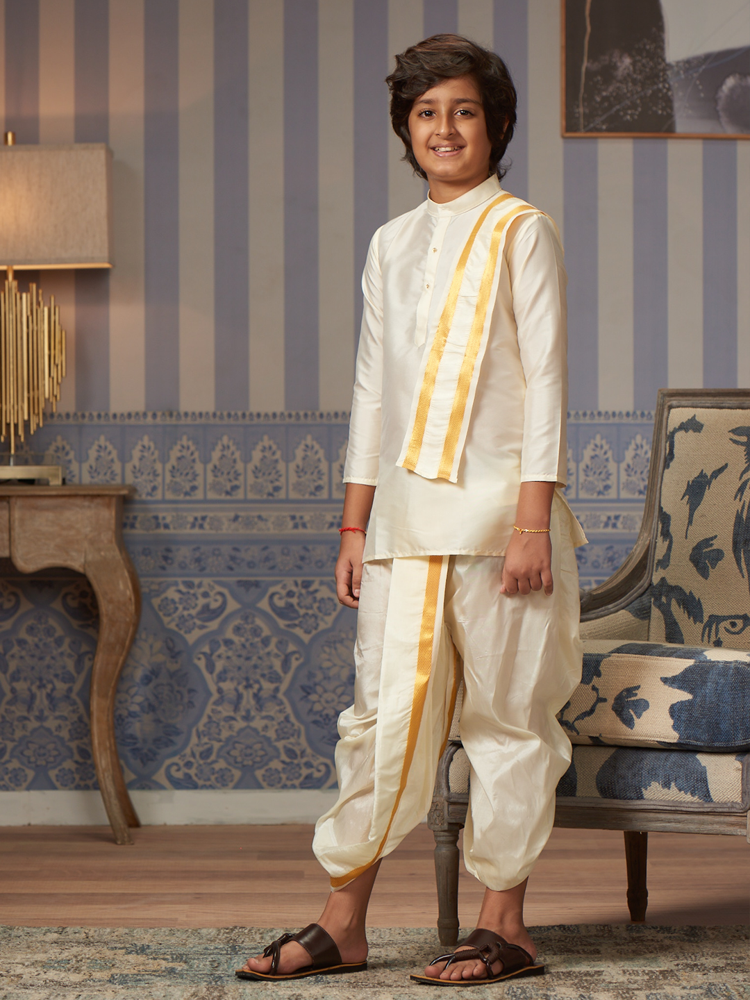 Boys Art Silk Cream Kurta Readymade Panchakacham Combo with Gold Jari Border Azure by Minister White