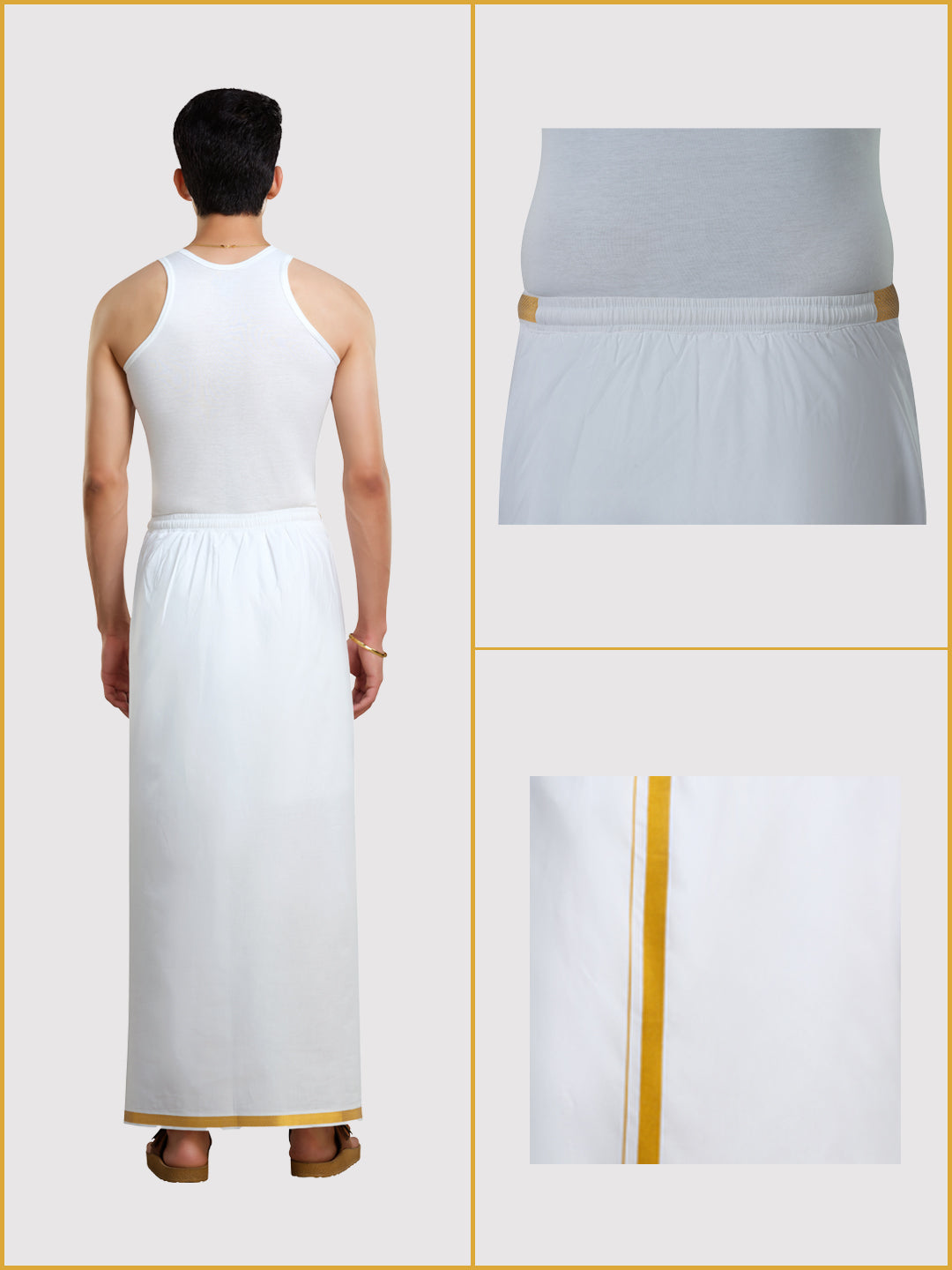 Men's Easy to Wear Flexi 2.0 White Gold Jari Half Elastic Dhoti with Pocket