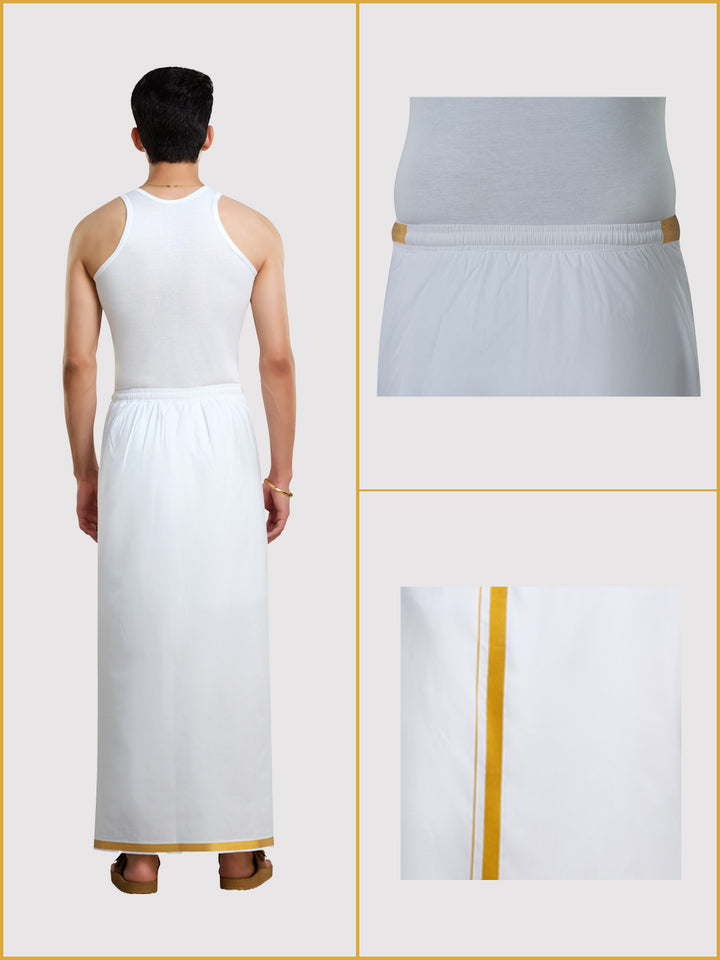 Men's Easy to Wear Flexi 2.0 White Gold Jari Half Elastic Dhoti with Pocket