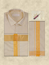 Mens Art Silk Fawn Gold Full Sleeves Shirt with Gold Jari Border Dhoti & Towel Combo Blush