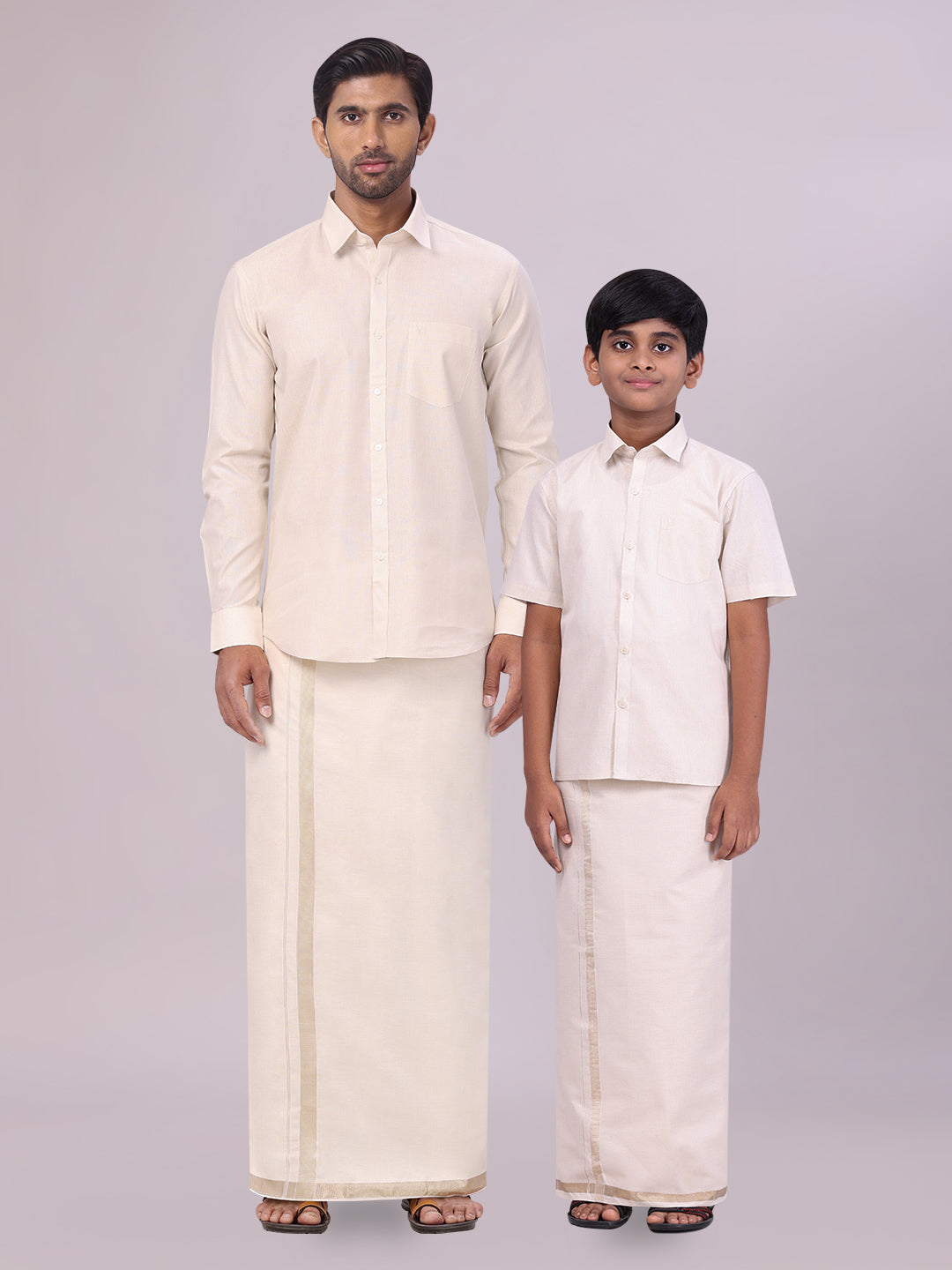 Father & Son Beige Colour Tissue Shirt with Jari Dhoti Combo