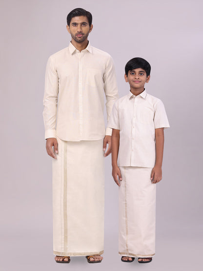 Father & Son Beige Color Tissue Shirt with Jari Dhoti Combo
