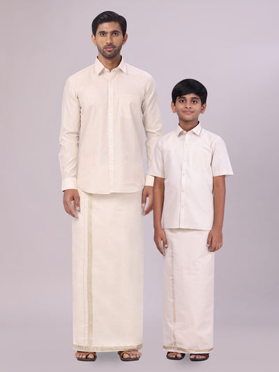 Father & Son Beige Color Tissue Shirt with Jari Dhoti Combo