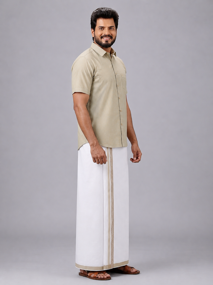 Men's Cotton Light Olive Matching Shirt with Fancy Printed Border Dhoti Combo Luster Trend