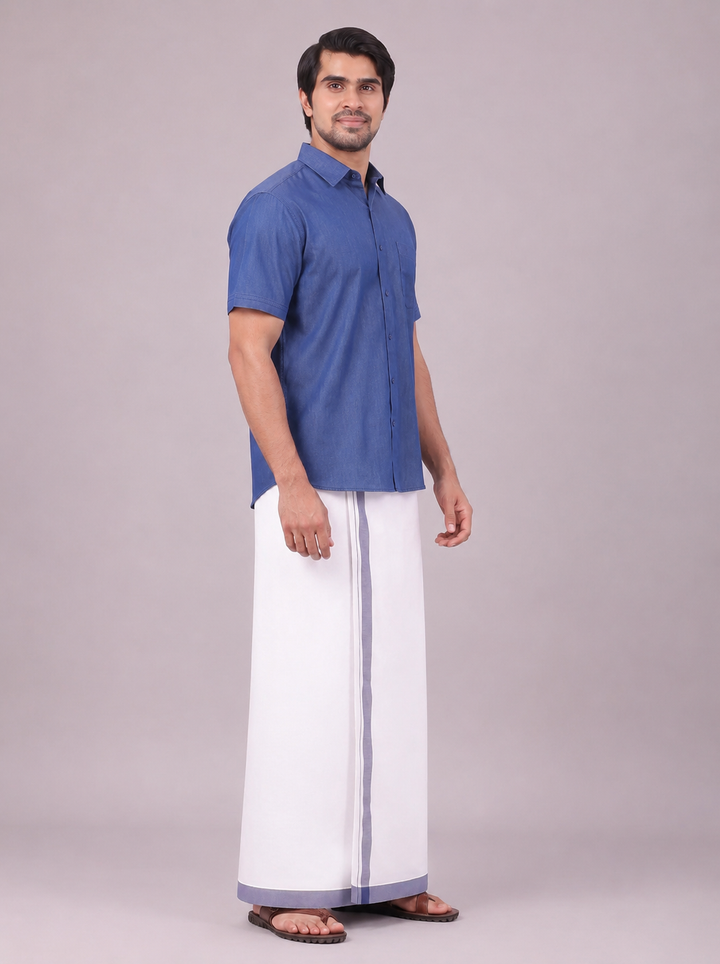 Mens Dark Blue Colour Shirt with Matching Fancy Border Dhoti Combo Lemax