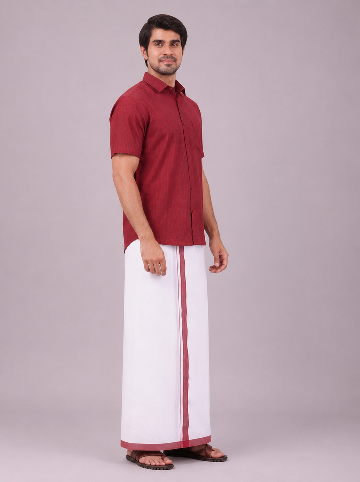 Mens Maroon Colour Shirt with Matching Fancy Border Dhoti Combo Lemax