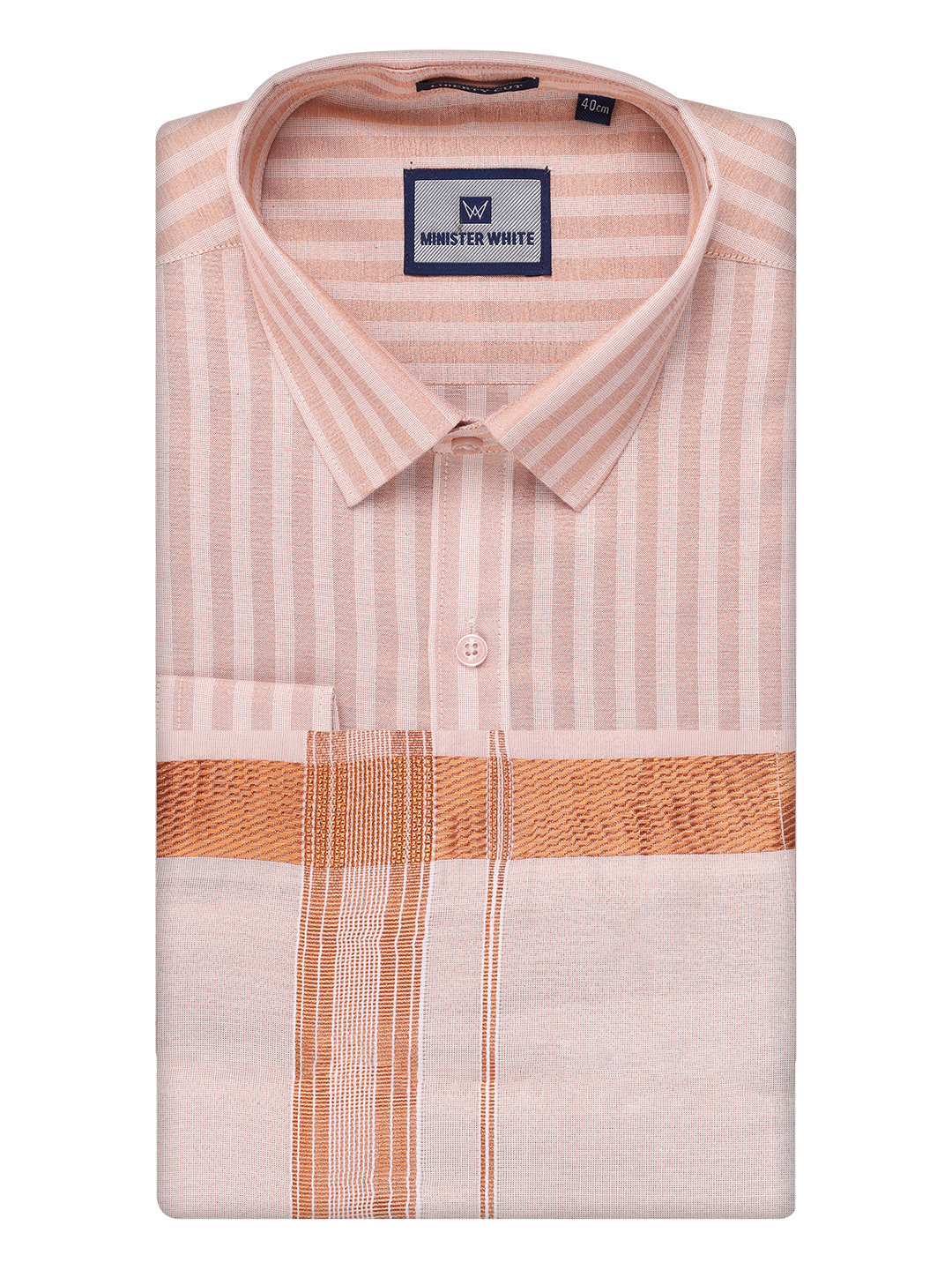 Mens Tissue Stripes Copper Shirt with Plain Jari Border Dhoti Wedding Combo Carter by Minister White