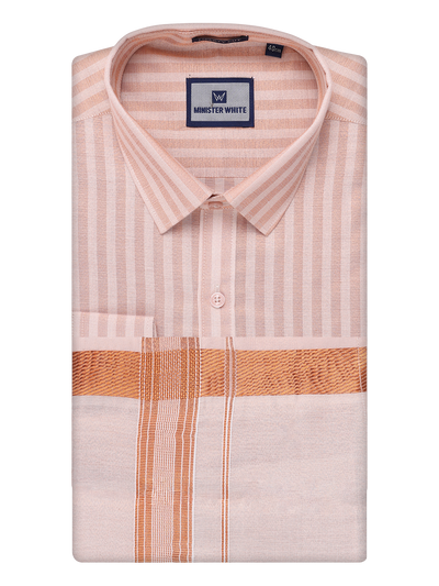 Mens Tissue Stripes Copper Shirt with Plain Jari Border Dhoti Wedding Combo Carter by Minister White