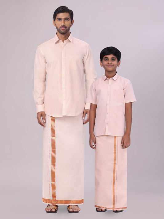 Father & Son Copper Color Tissue Shirt with Jari Dhoti Combo