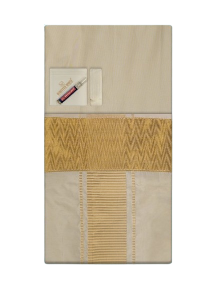 Men's Premium Art Silk Cream Gold Shirt Bit with 4" Gold Jari Border Dhoti Combo Tilak