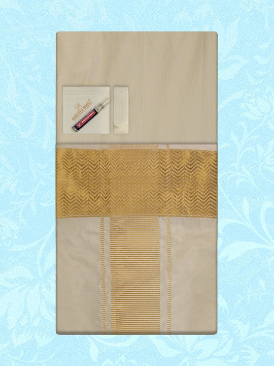 Men's Premium Art Silk Cream Gold Shirt Bit with 4" Gold Jari Border Dhoti Combo Tilak