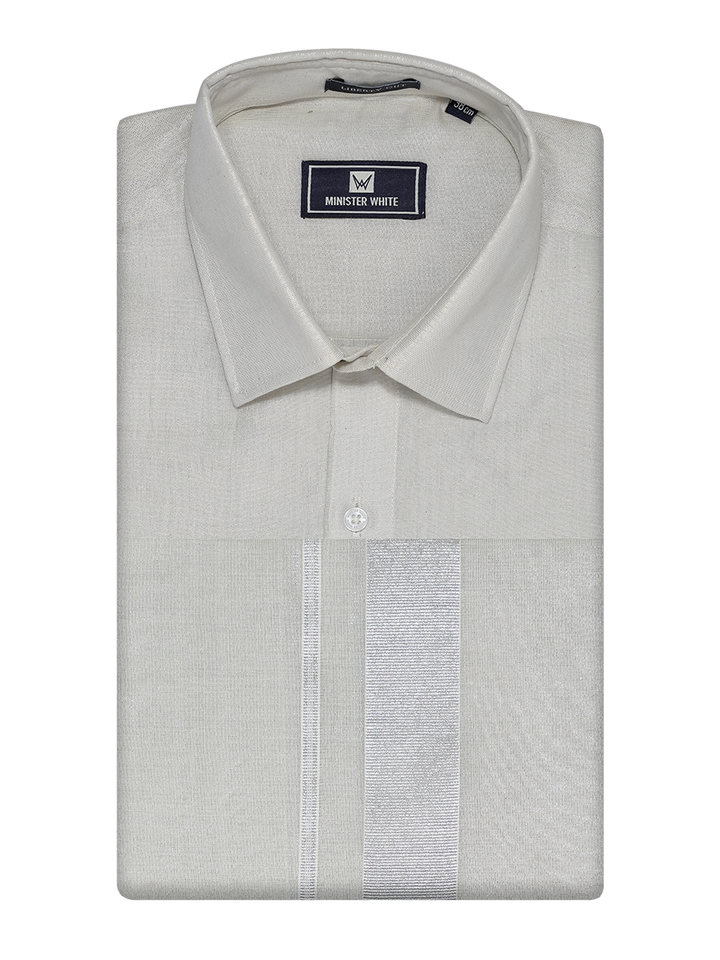 Mens Tissue Silver Dhoti Shirt Wedding Combo Maverik by Minister White