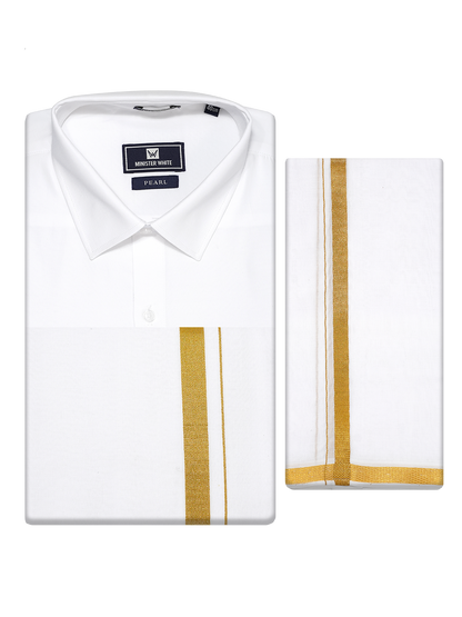 Men's White Full Sleeves Wedding Shirt, Dhoti & Nerial Combo - Cistus White by Minister White