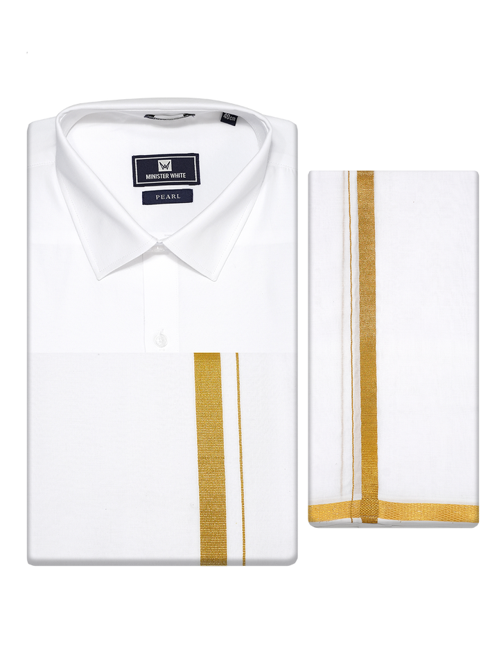 Men's White Full Sleeves Wedding Shirt, Dhoti & Nerial Combo - Cistus White by Minister White