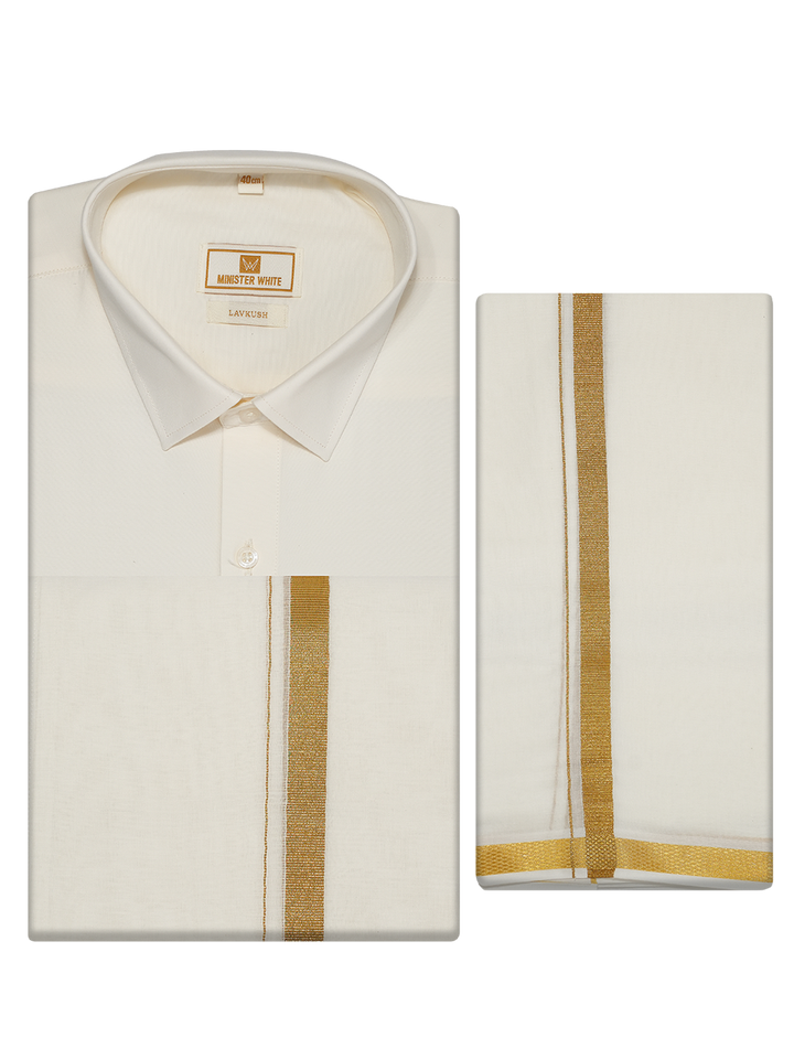 Men's Cotton White Wedding Shirt, Flexi Dhoti & Nerial Combo - Cistus White by Minister White