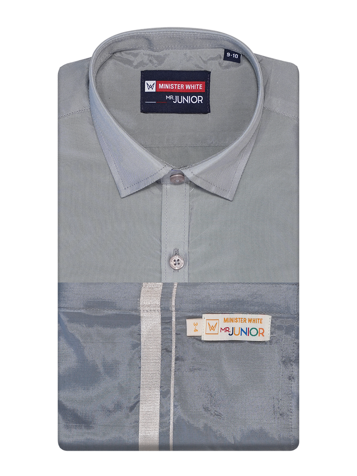 Boys Steel Grey Matching Art Silk Shirt and Flexi Dhoti Combo Poppins by Minister White
