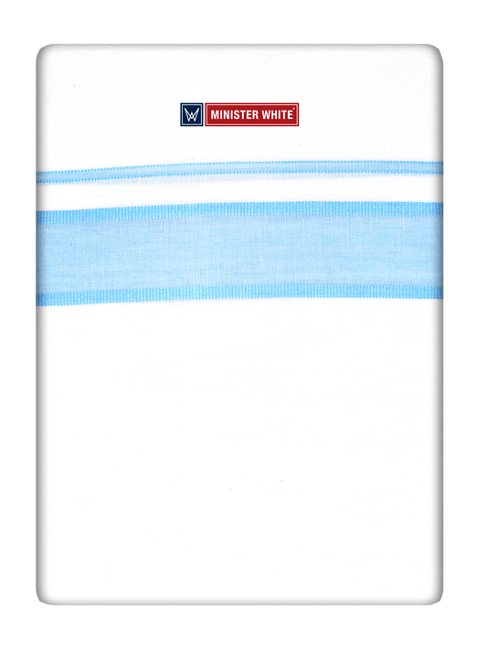Mens Cotton White Double Layered Dhoti with Pale Blue Fancy Kara- Empuran by Minister White