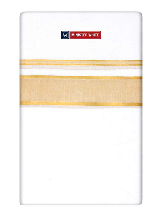 Mens Cotton White Double Layered Dhoti with Mustard Fancy Kara - Empuran by Minister White