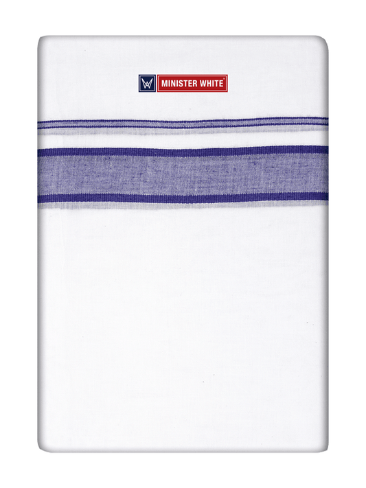 Mens Cotton White Double Layered Dhoti with Purple Fancy Kara- Empuran by Minister White
