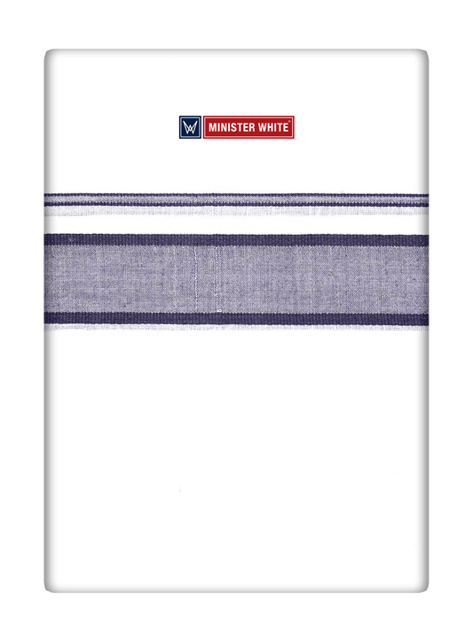 Mens Cotton White Double Layered Dhoti with Navy Fancy Kara- Empuran by Minister White