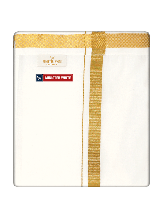 Mens Cotton White Double Layered Dhoti with Gold Jari Border - Genius Dbl by Minister White